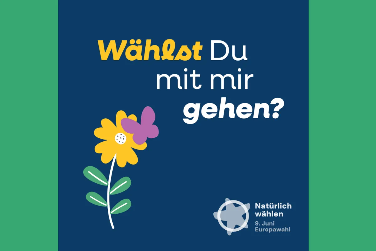 Sharepic Europawahlkampagne der Umweltverbände #Natürlichwählen: "Wählst du mit mir gehen?" (blauer Hintergrund, grafische Darstellung Blume und Schmetterling sowie Kampagnenlogo)